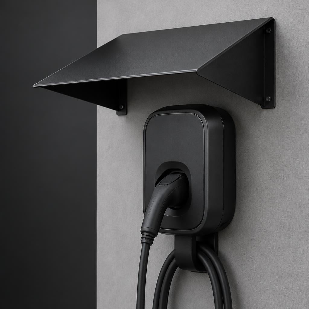 Auvent de protection noir RYVOLT installé au-dessus d'une borne murale